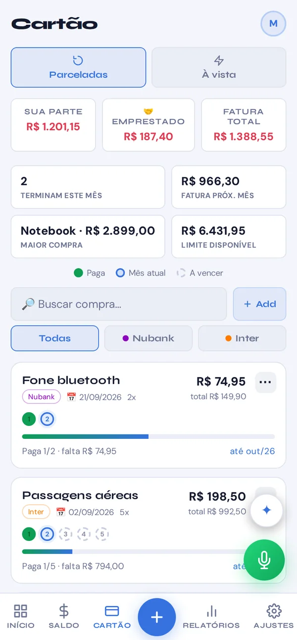 Tela Cartão do Gear: sua parte, valor emprestado e fatura total, com o andamento de cada compra parcelada