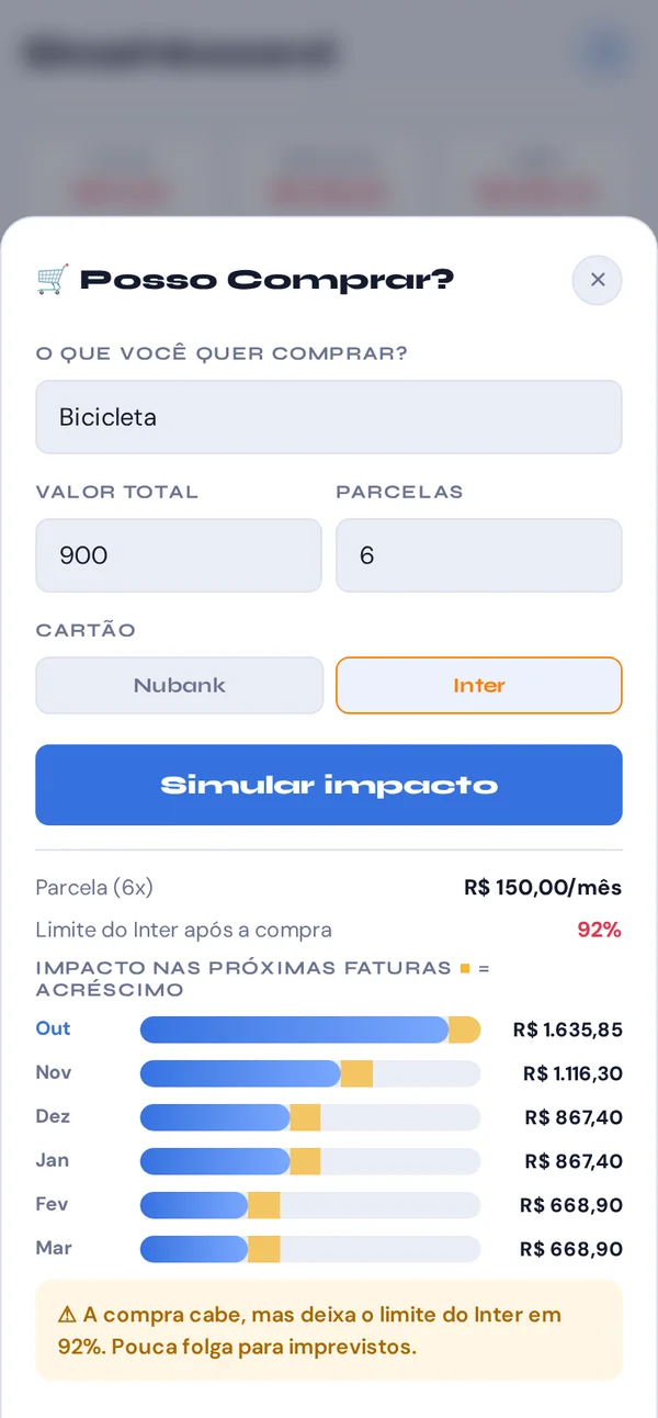 Simulador Posso Comprar: uma bicicleta de R$ 900 em 6 vezes, o impacto nas próximas faturas e o veredito do Gear