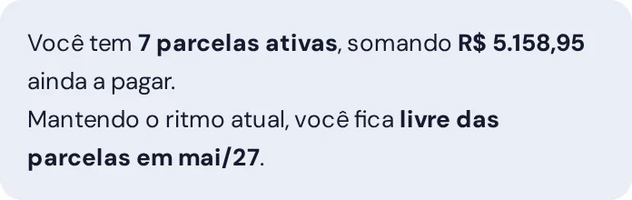 Resposta do Assistente Gear: 7 parcelas ativas somando R$ 5.158,95, livre das parcelas em maio de 2027