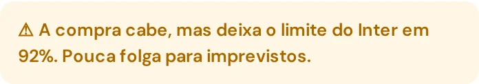 Veredito do Gear: a compra cabe, mas deixa o limite do cartão em 92%, com pouca folga para imprevistos